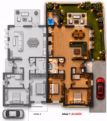 Mediterrán hangulat Csömör csendes utcájában – földszintes, wellness részleggel - Alaprajz 3D - Ikerház 3D alaprajza